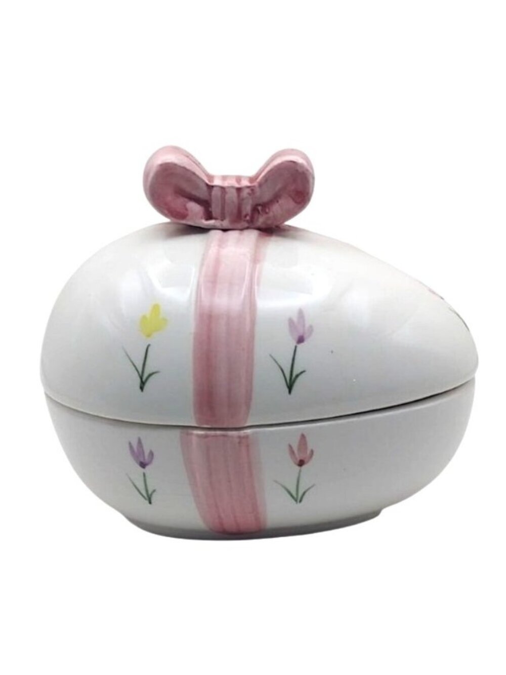 Vintage Interpur Ceramic Floral Easter Egg Trinket Box w/ Pink Bow Spring